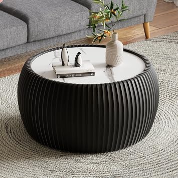 Henf Drum Shape Coffee Table with Sintered Stone Top, Modern Round Coffee Center Table with PU Leather Covered, White Faux Marble Tabletop Sofa Tables for Living Room Apartment Black