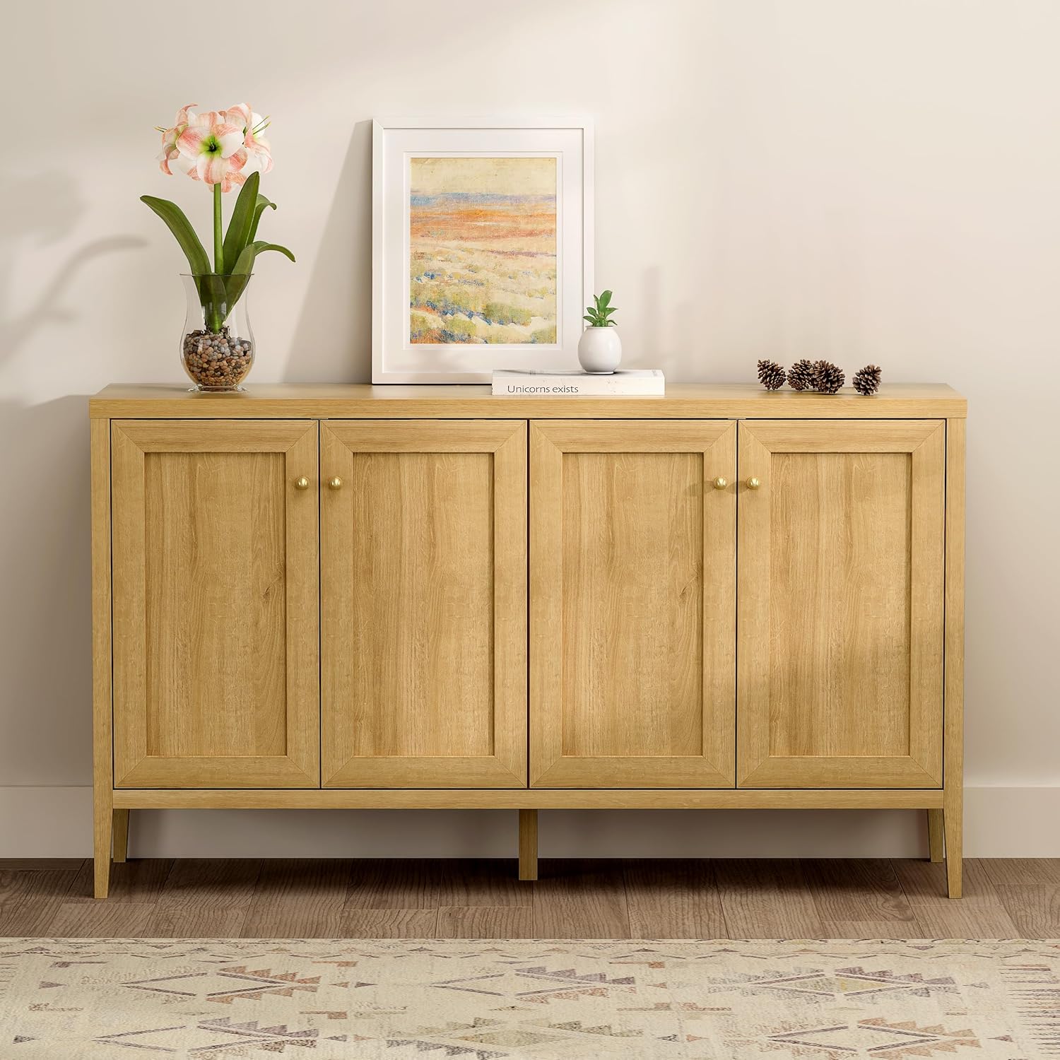 EYYTHUNG Farmhouse Storage Cabinet with 4 Doors, Sideboard Buffet Cabinets with Adjustable Shelves Accent Cabinet Console Table Credenza for Living Room Kitchen, Natural Oak