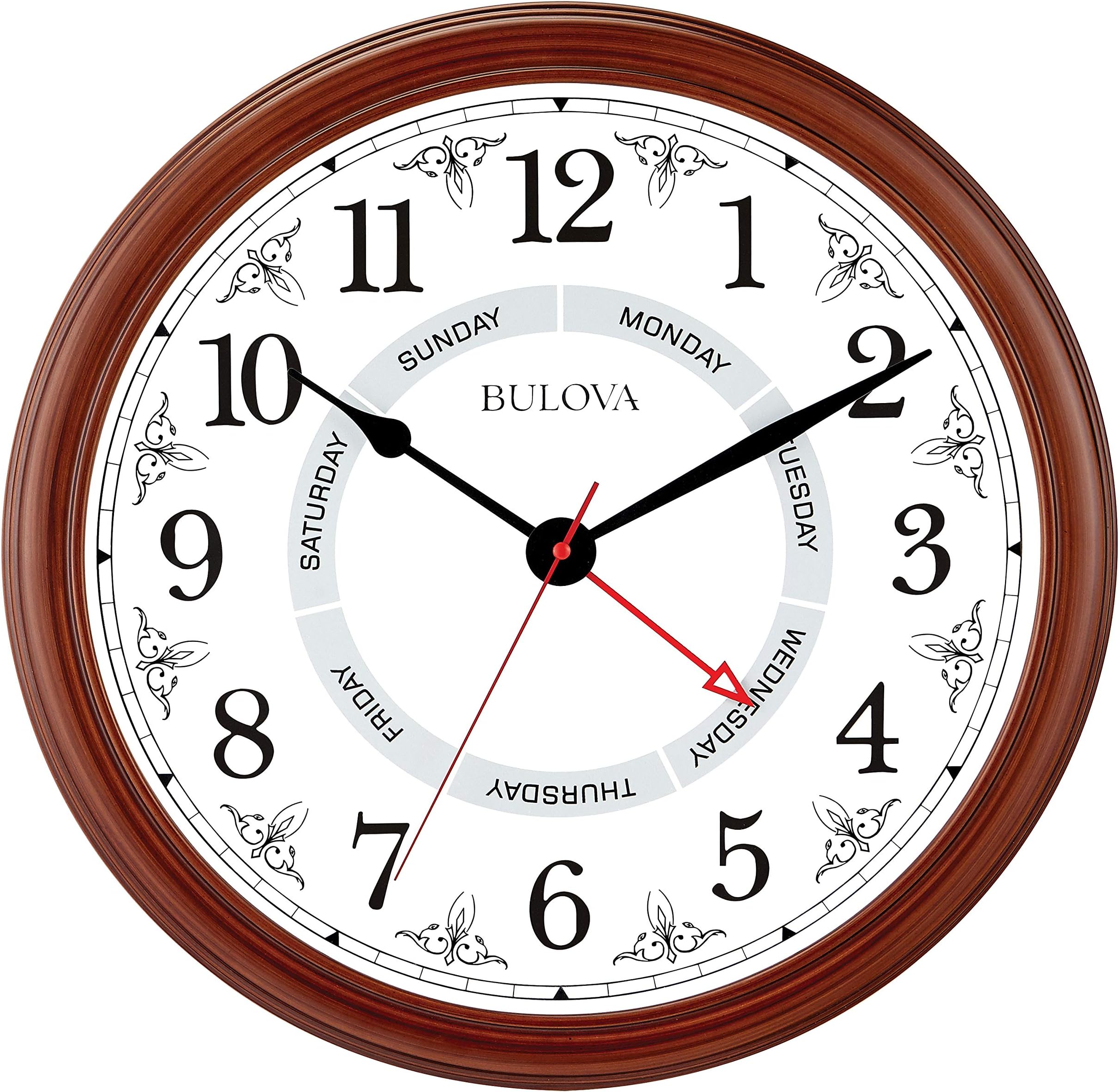 Bulova Daily Wall Clock, Model C4804 | Brown Cherry Finish | Modern Design | Large Easy-to-Read Numerals | Quartz Movement | Battery Operated