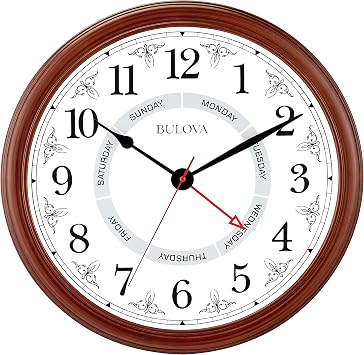 Bulova Daily Wall Clock, Model C4804 | Brown Cherry Finish | Modern Design | Large Easy-to-Read Numerals | Quartz Movement | Battery Operated