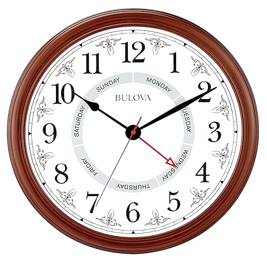 Bulova Daily Wall Clock, Model C4804 | Brown Cherry Finish | Modern Design | Large Easy to Read