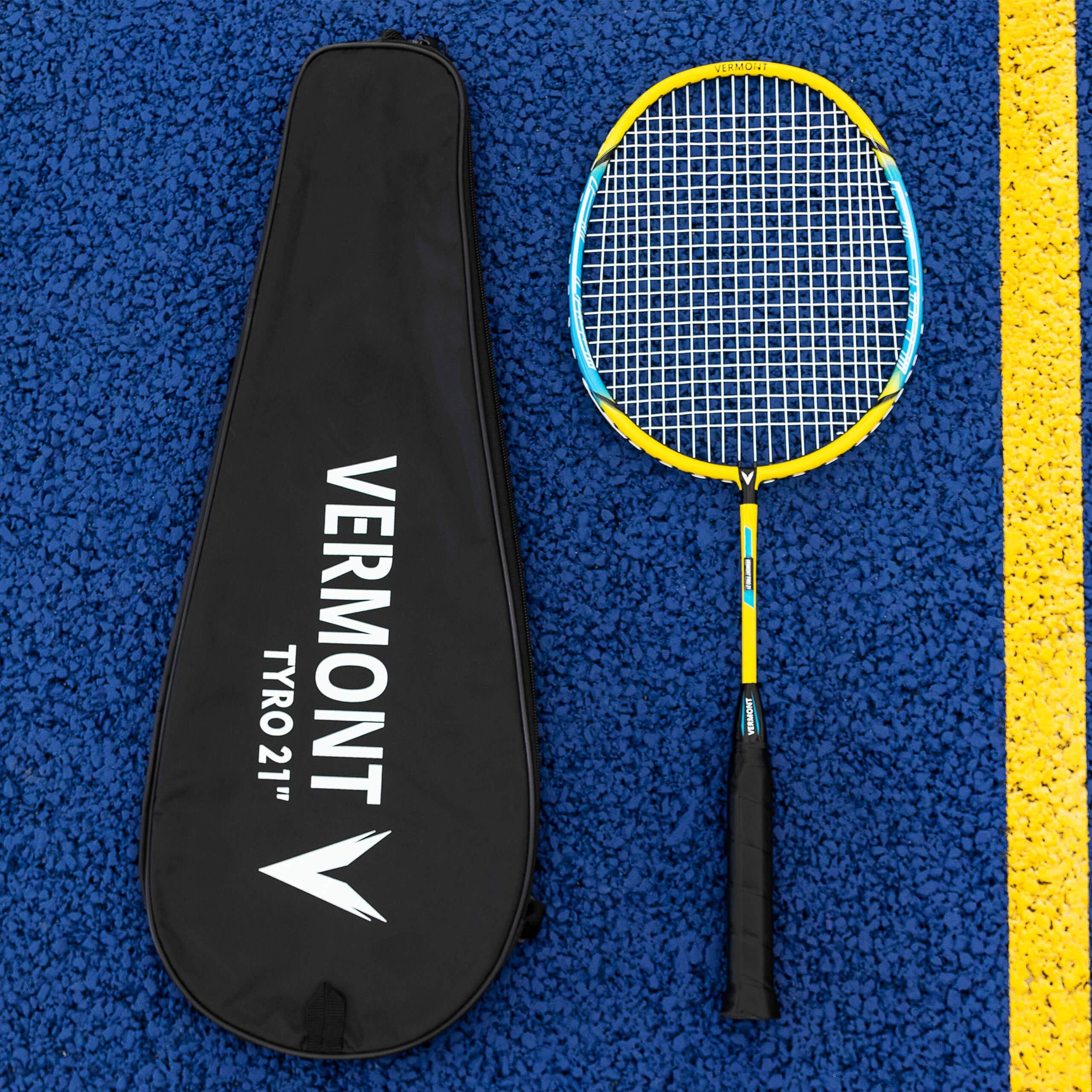 Vermont Tyro Badminton Racket | 21”, 23” & 27” Rackets | Durable Steel & Aluminium Construction | Blue & Yellow Design | Entry Level Badminton Racket | Perfect For Schools