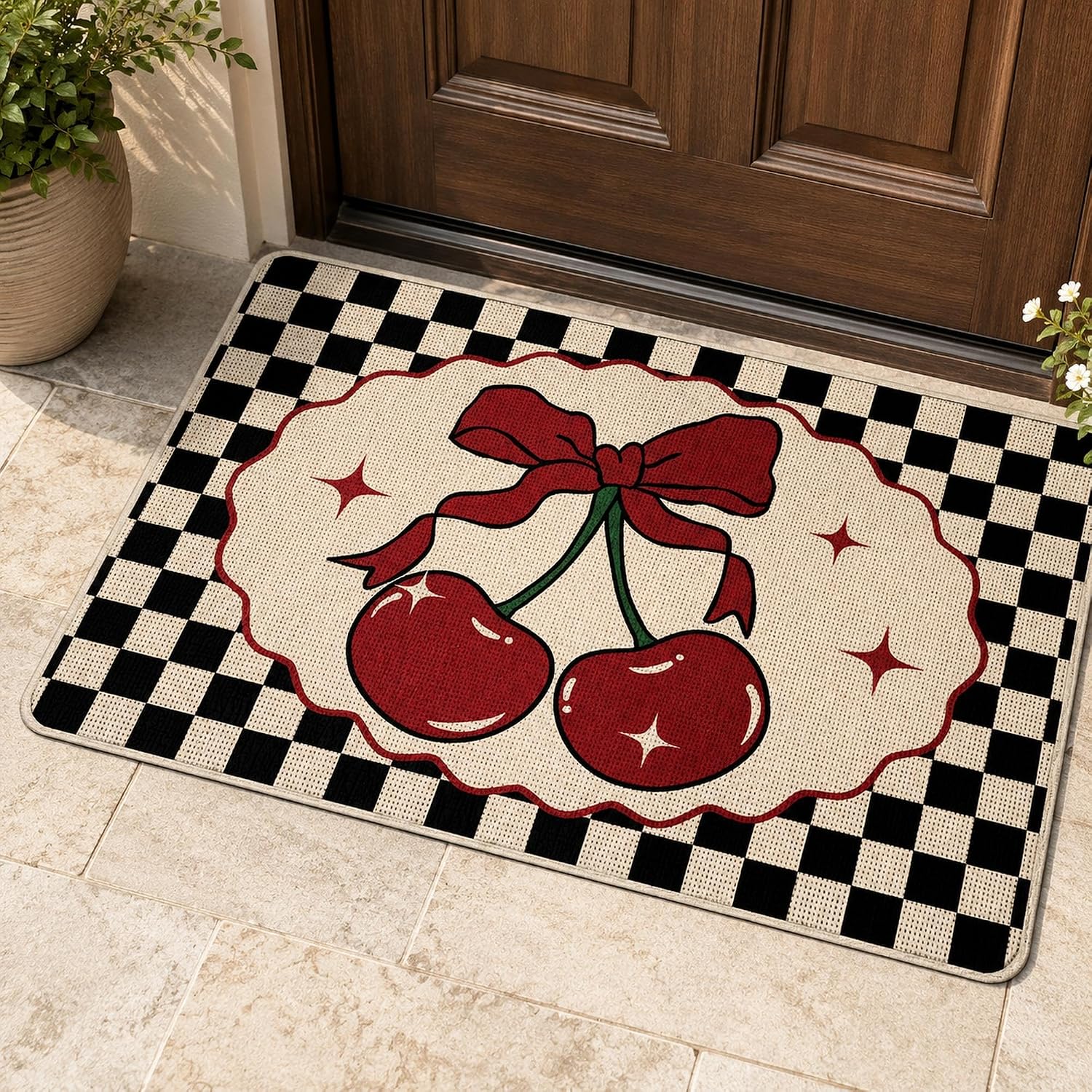 Coquette Cherry Bow Doormat 24x35in, Retro Checkered Aesthetic Welcome Mat