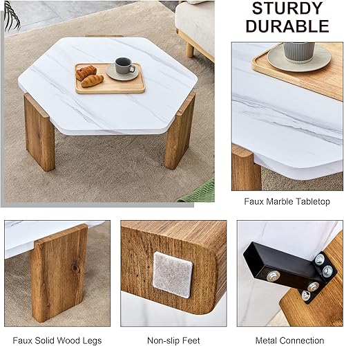 Miniatura 5 de LKTART Mesa de centro hexagonal moderna con mesa de mármol blanco sintético y patas tonificadas de madera, muebles para sala de estar, montaje