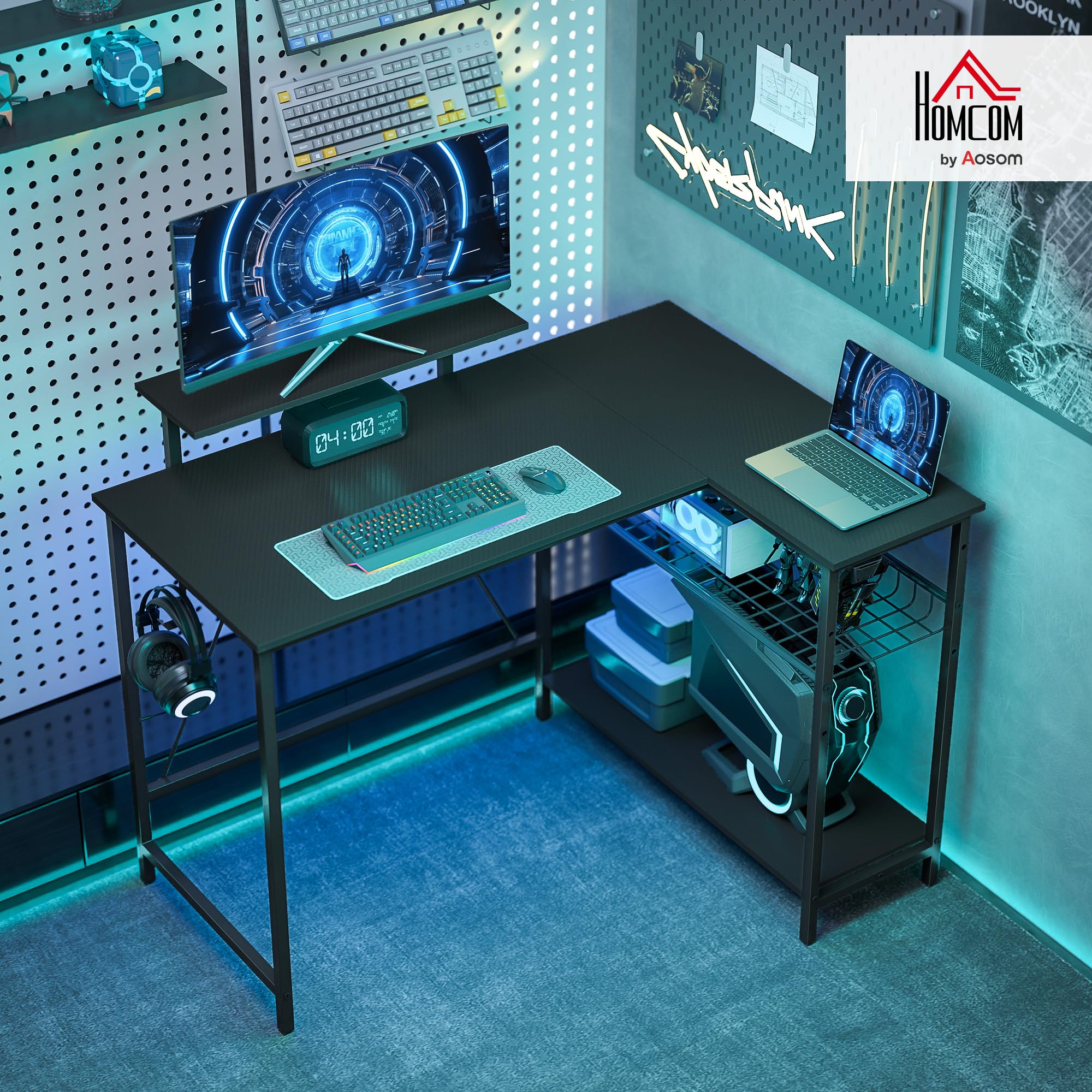 HOMCOM Bureau Gaming réversible 114,5 x 82 cm avec Support pour Écran Noir