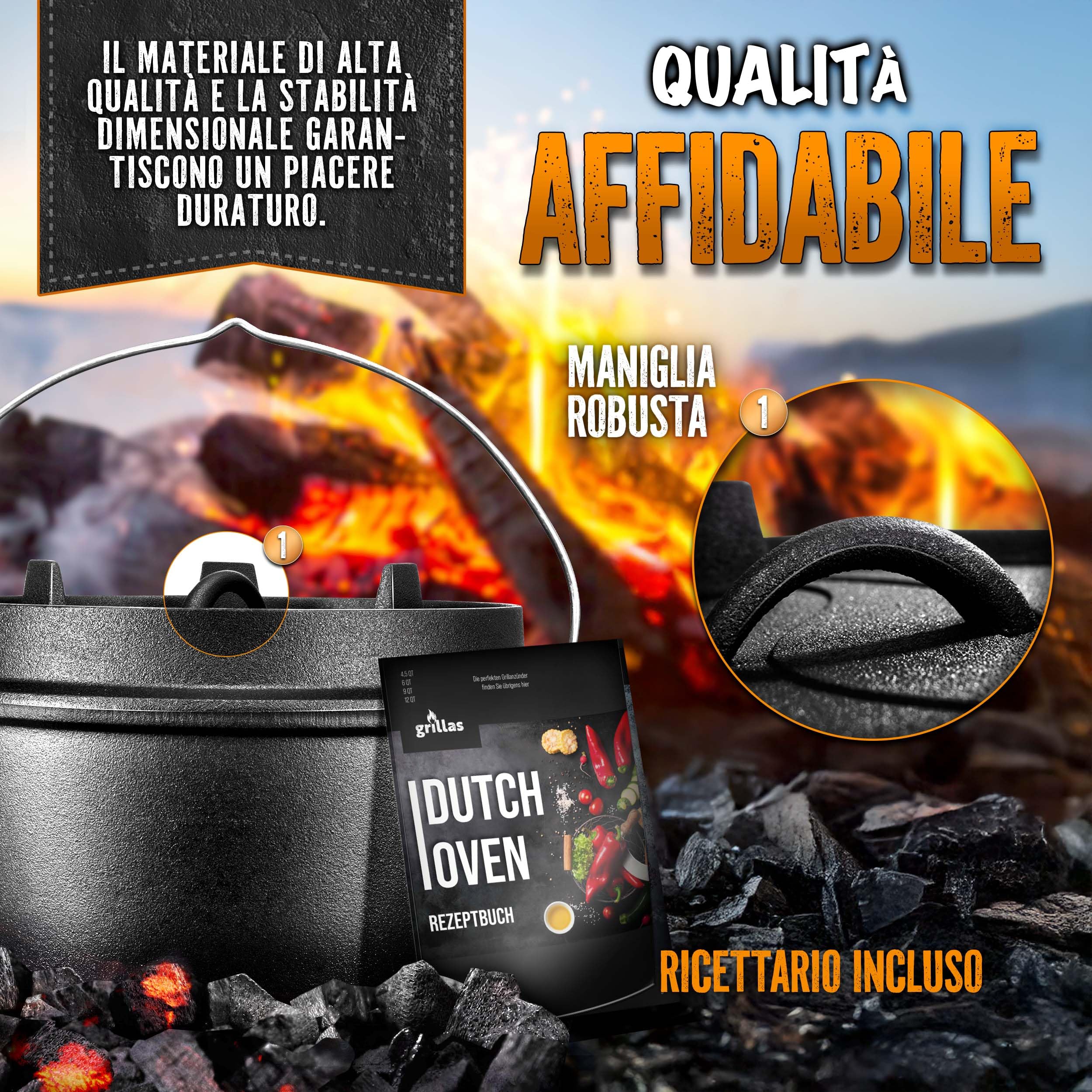 grillas® Pentola Olandese | Dutch Oven | Forno Olandese | Pentola da Fuoco | Casseruola in Ghisa