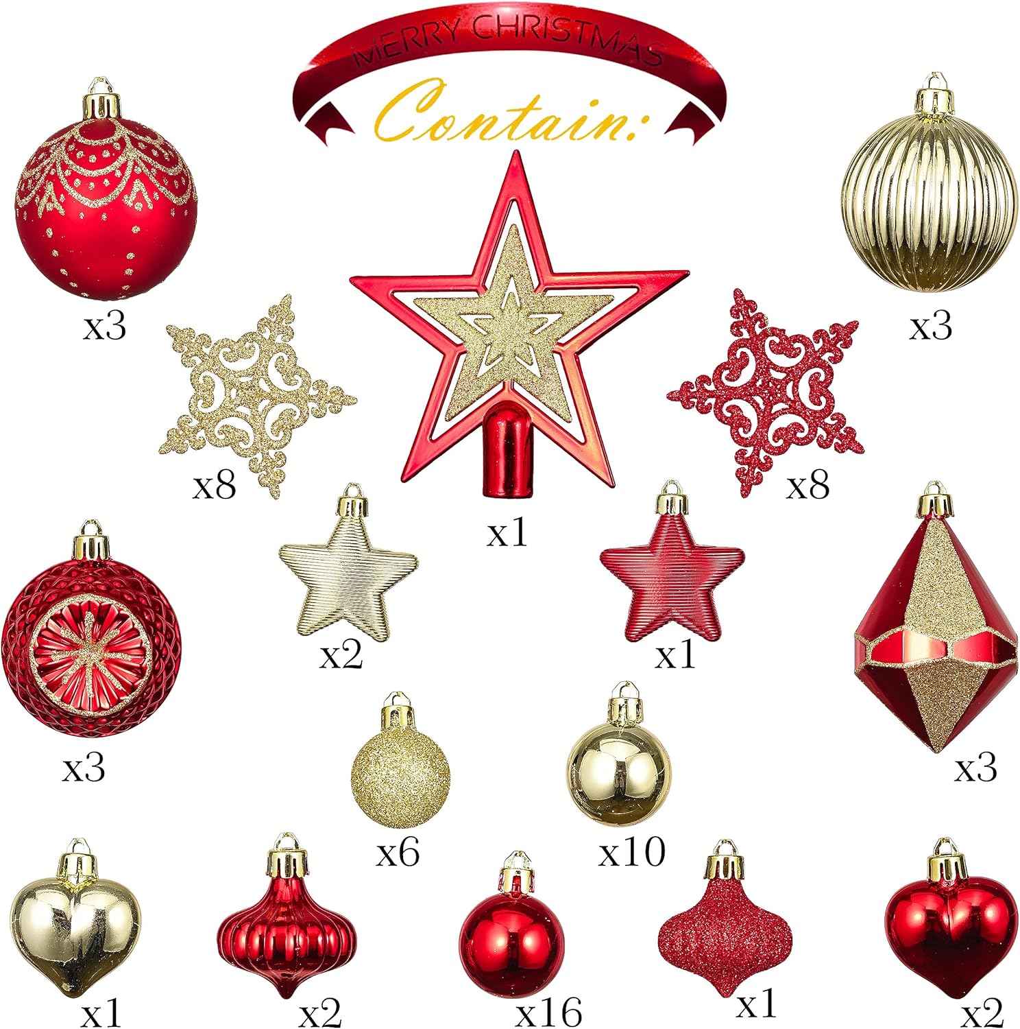Valery Madelyn Ornaments for Christmas Trees, 70ct Red and Gold Shatterproof Christmas Tree Decorations&Lighted Christmas Angel Tree Topper with Timer（2 Items Buddle
