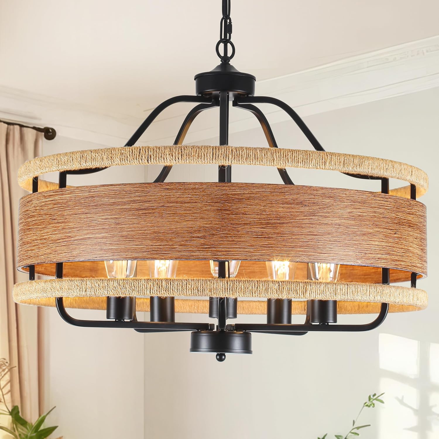 5-Light Farmhouse Chandelier 23.6" Wood Texture Woven Rattan Chandeliers