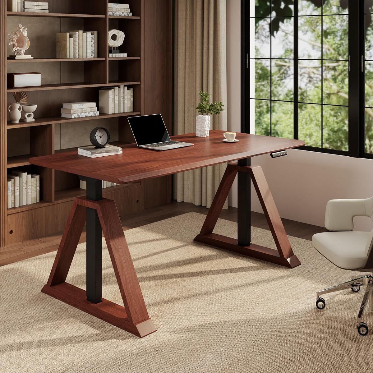 FLEXISPOT Escritorio ejecutivo de pie de roble de 55 x 28 pulgadas, nogal | Escritorio moderno de mediados de siglo para sentarse o pararse, diseño arquitectónico con marco en V, configuraciones para varios monitores, motor dual y 220 libras
