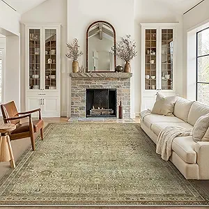 GENIMO 9x12 Area Rug for Living Room, Non Slip Machine Washable Low Pile Large Rug, Indoor Vintage Lightweight for Bedroom, Dining Room & Home Office, Taupe/Brown