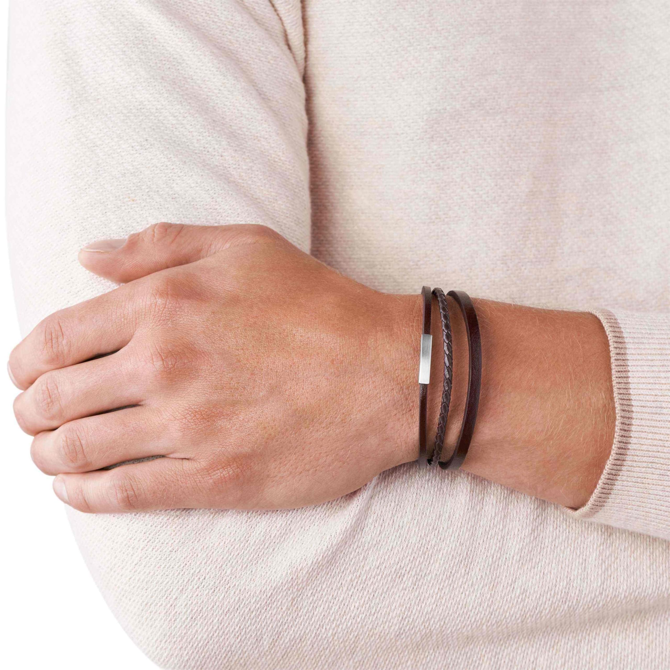 FOSSIL Bracelet homme acier inoxydable cuir fermoir rabattable