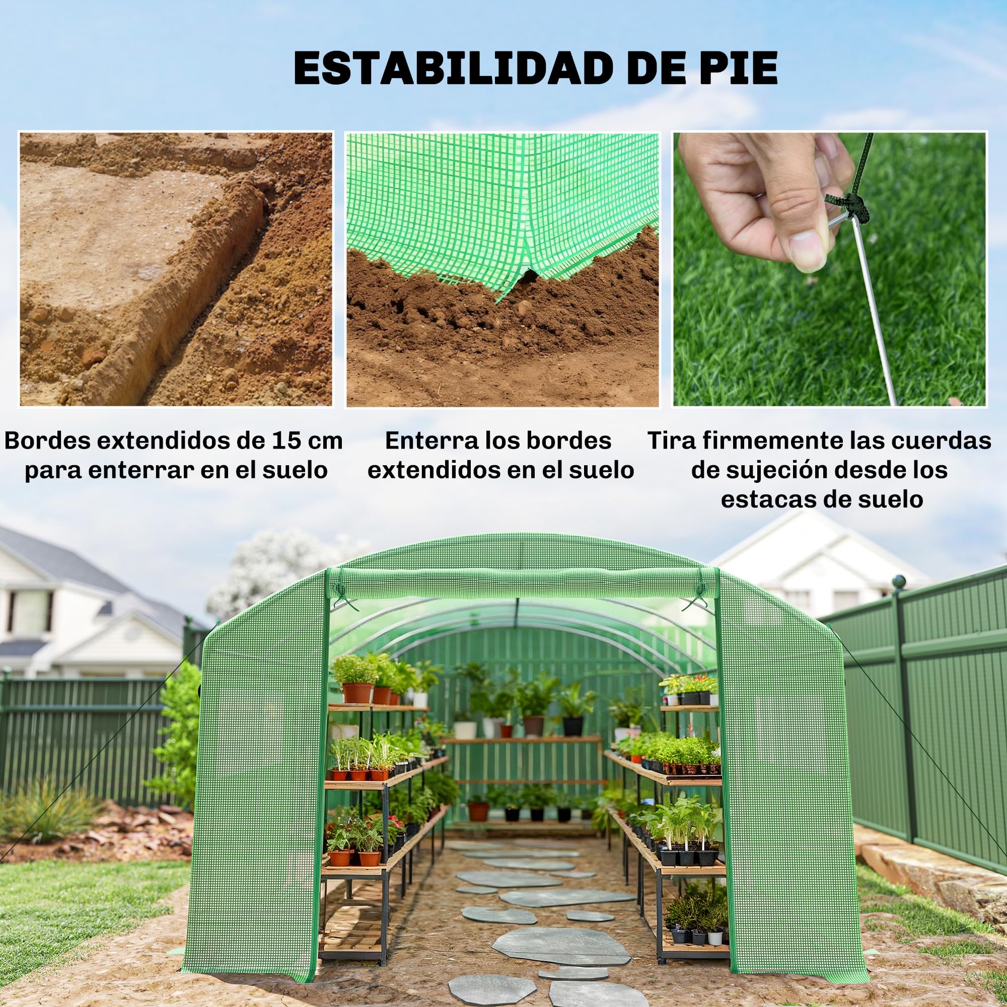 Outsunny Invernadero de Exterior 6x3x2 m Invernadero de Túnel con 6 Ventanas de Malla Cubierta de PE Anti-UV y 3 Puertas Enrollables con Cremallera para Jardín Patio Verde