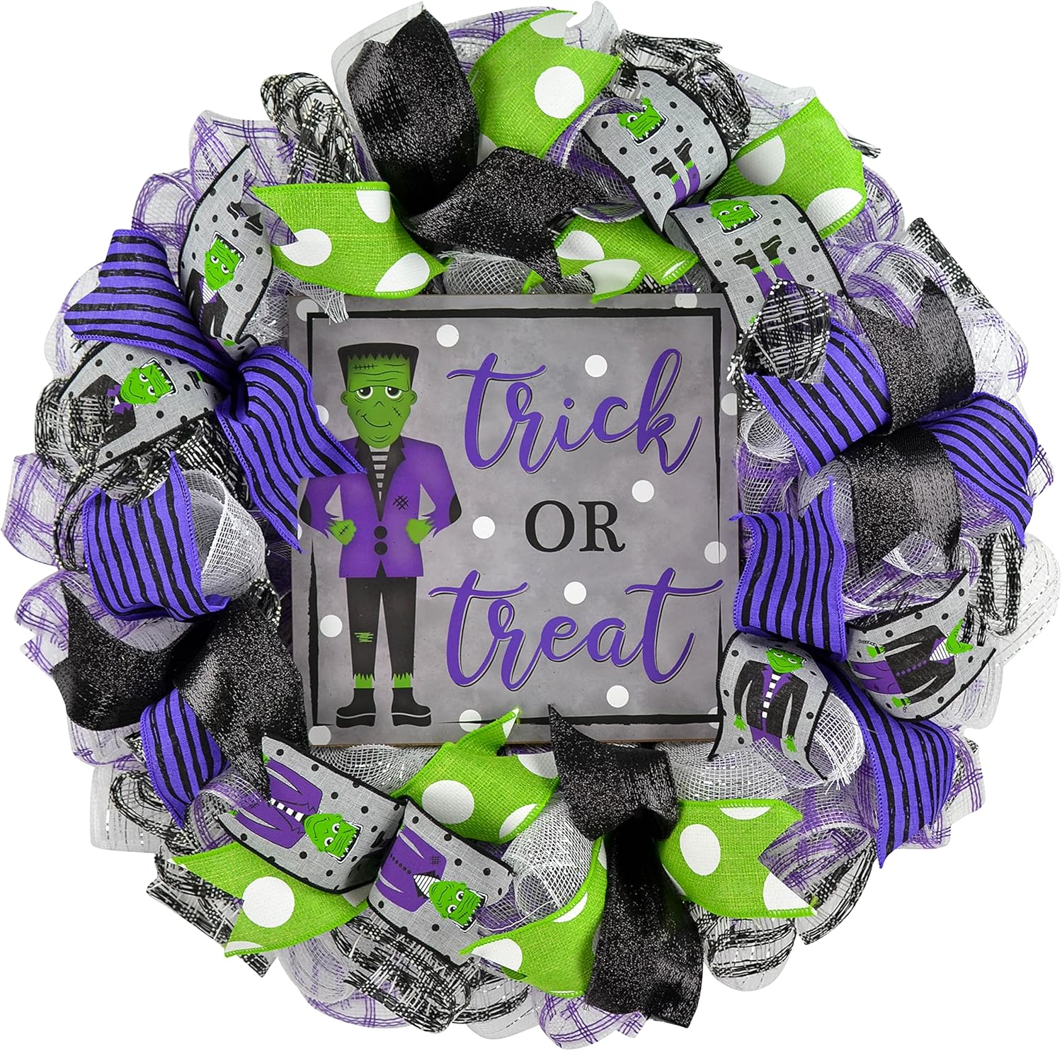 Frankstein Decor, Trick or Treat Halloween Wreaths - Front Door Decorations - Burlap Purple Lime Green Black White