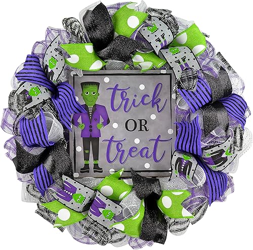 Frankstein Decor, Trick or Treat Halloween Wreaths - Front Door Decorations - Burlap Purple Lime Green Black White