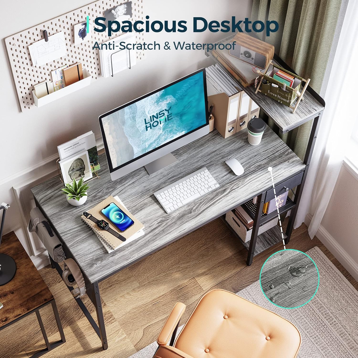 View of the spacious desktop surface, highlighting its anti-scratch and waterproof properties.
