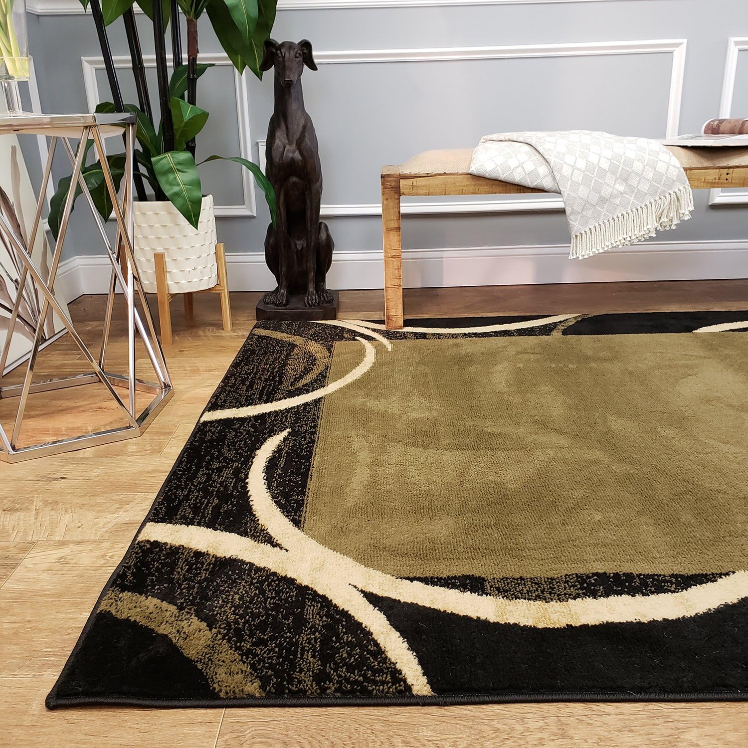 Maxy Home Everyday Use Modern Area Rug, 3'3" x 5' ( 39 inch x 59 inch), Soft Touch, Lightweight, Bordered, Olive Green