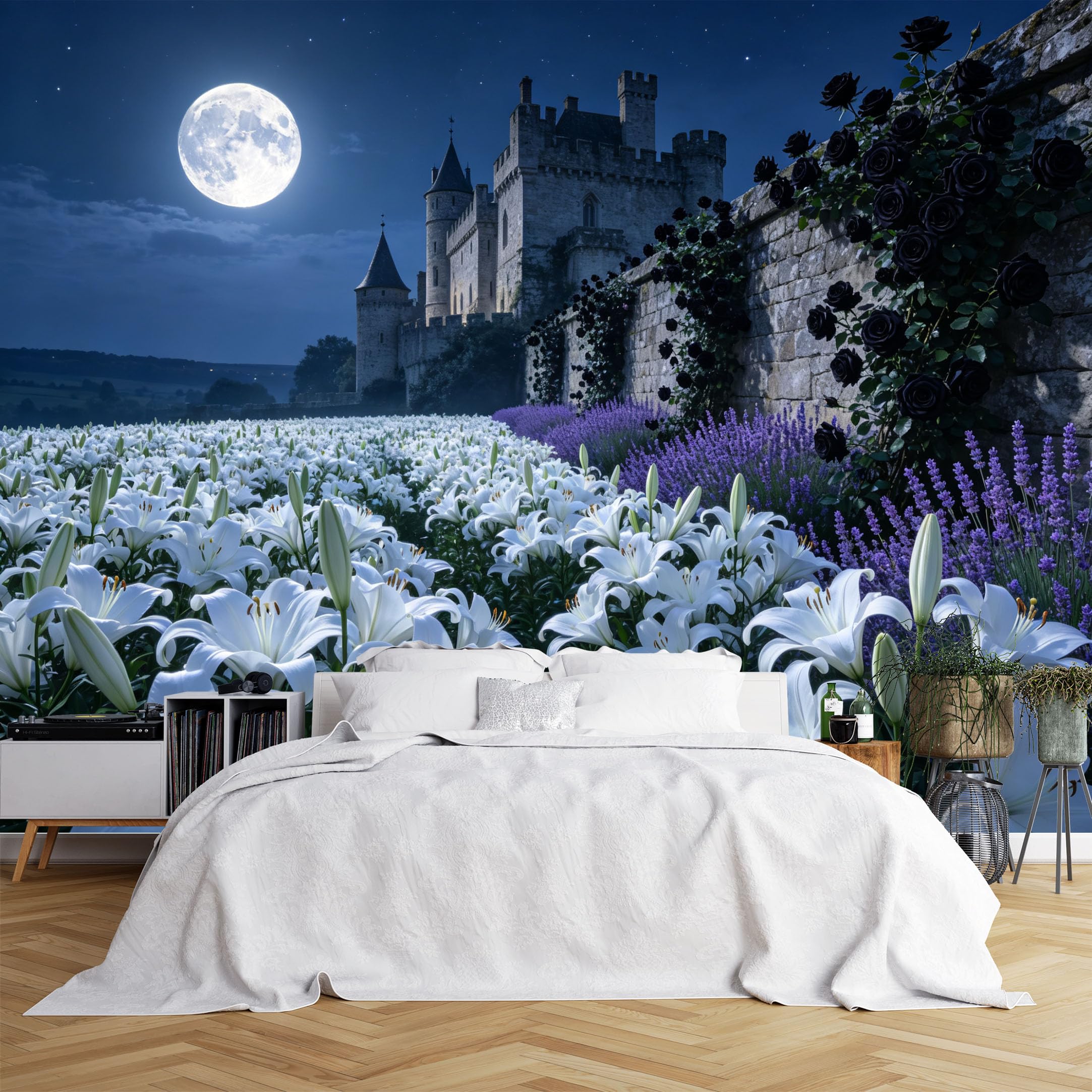 Lcythiazole Ch260615208 Custom Size Wall Murals White Lily Lavender Castle Full Moon Night Hd Home Decor Self-Adhesive Wall Fabric (No Pvc) Removable Wallpaper For Villa Living Room