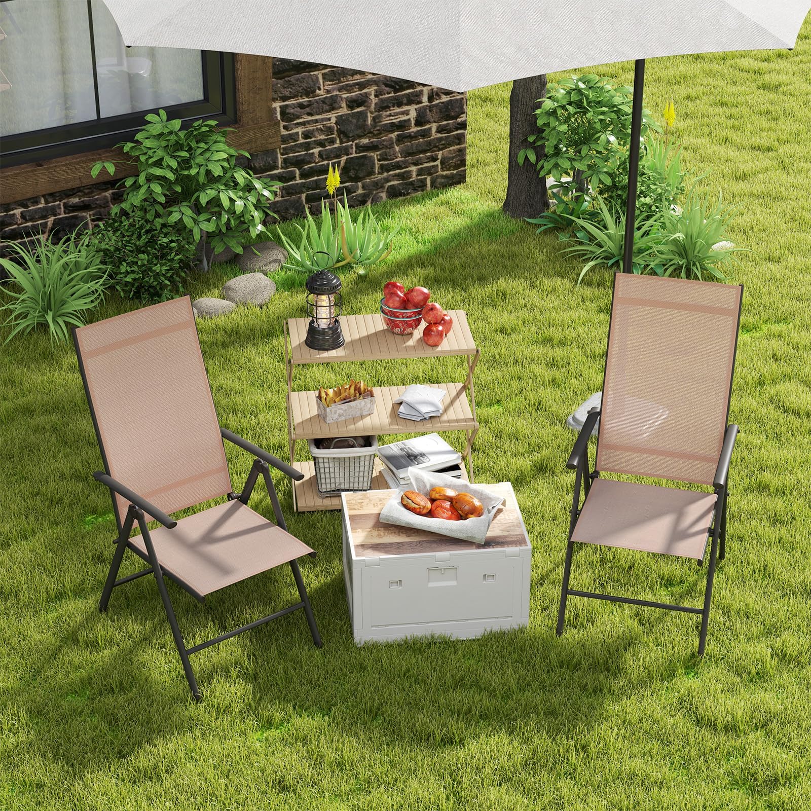 RELAX4LIFE Sedia Pieghevole da Giardino, Schienale Reclinabili a 7 Livelli, Sedia da Esterno Portatili per Giardino, Cortile, Bordo Piscina, Campeggio (Marrone,1)