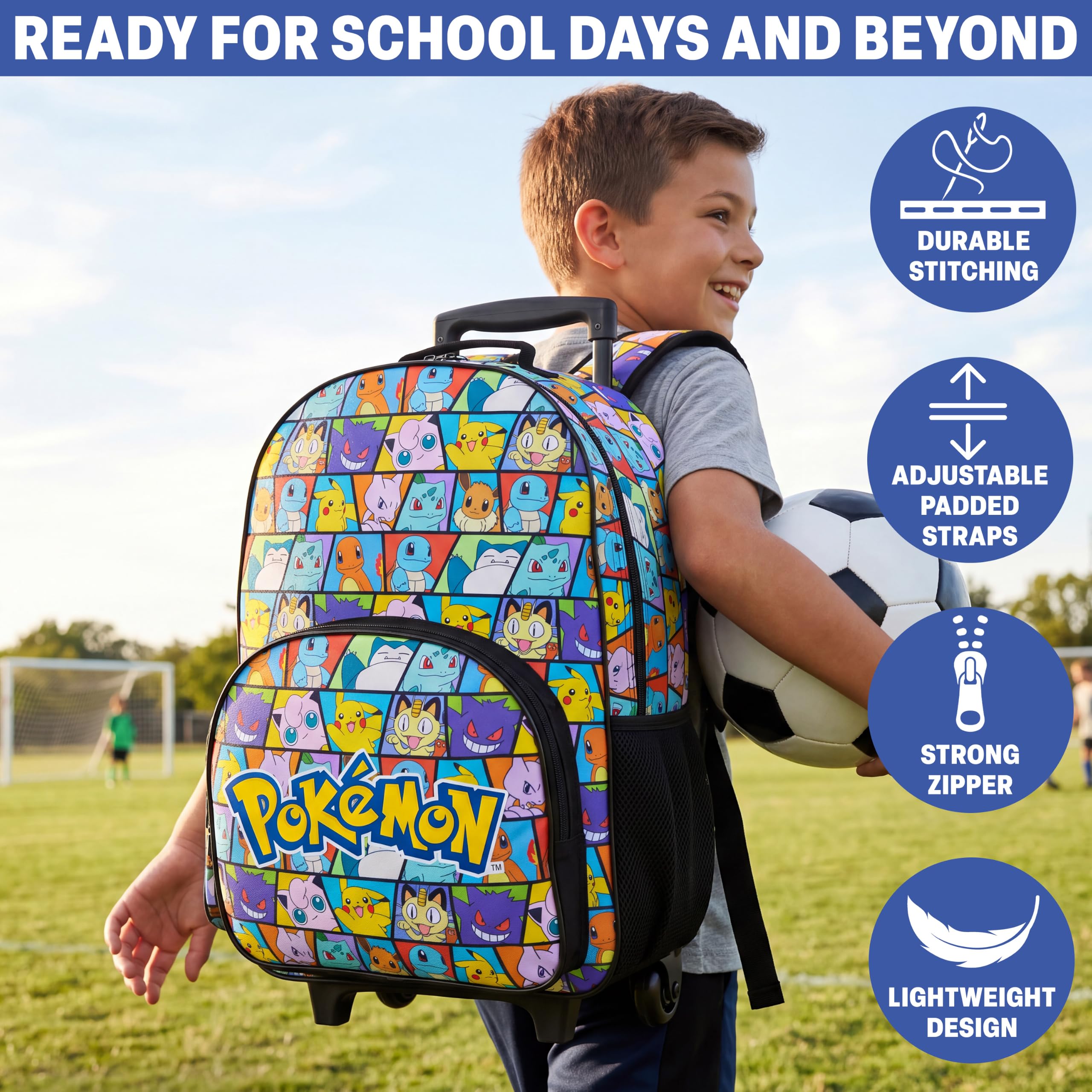 Get Trend Pokemon Trolley Rucksack Kinder, 2-in-1 Reisetasche mit Rollen und Metallgestell, Leicht Handgepäck Rucksack mit verstellbaren Schultergurten, Anime Geschenke für Jungen (Multi Pokemon)