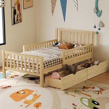 Merax Twin Bed Frame with Storage Drawers and Safety Guardrails on Both Sides, Wood Platform Bed & Headboard and Footboard for Kids, Boys, Gilrls, Solid Slats Support, No Box Spring Needed, Natural