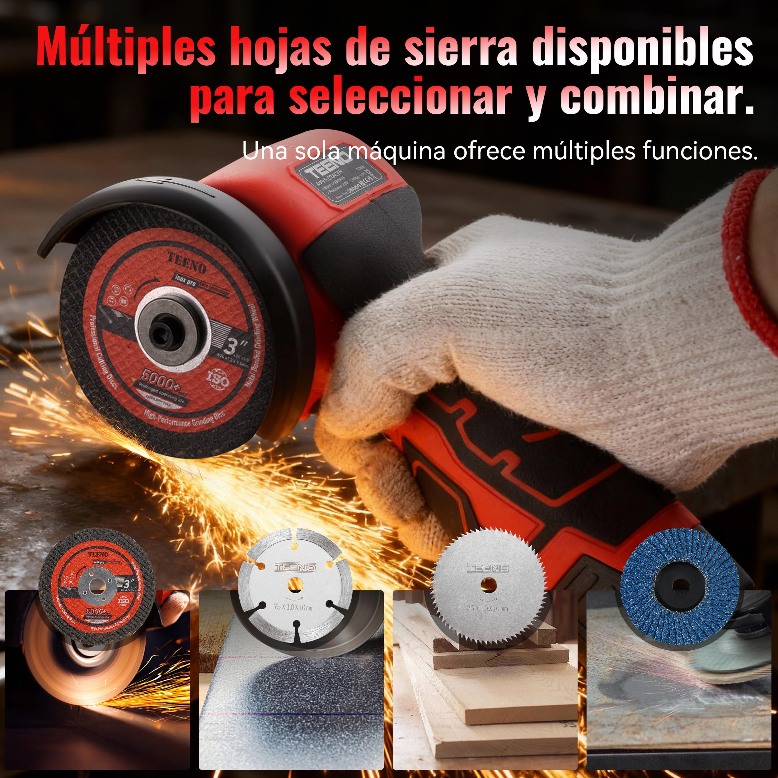 TEENO Mini Amoladora Angular Inalámbrica 16,8V, Radial de Batería 76 mm 19.500 RPM, Kit con 2 Baterías 2000 mAh, Cargador, 6 Discos y Maletín, para Cortar, Lijar y Pulir