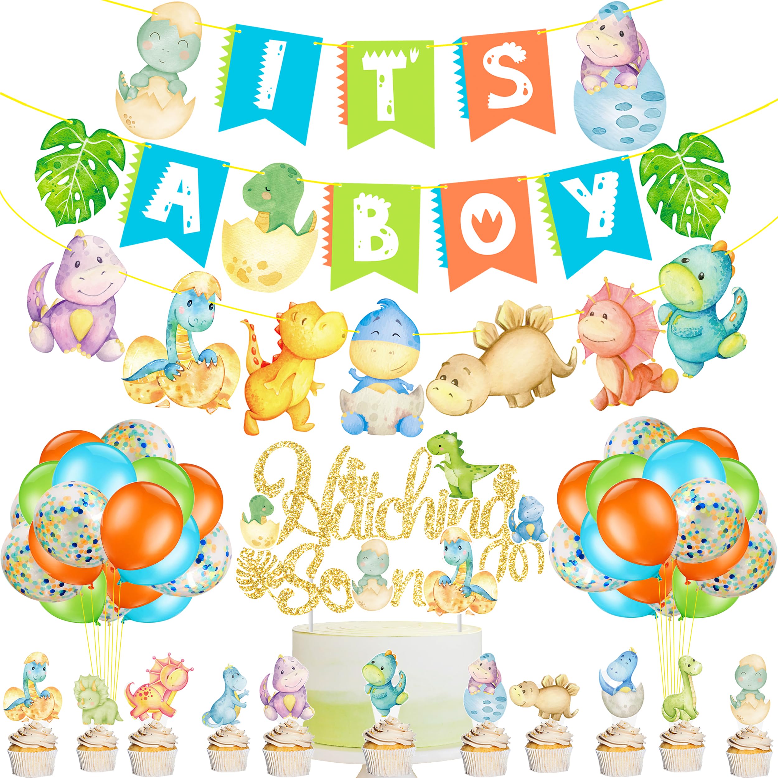 Dinosaur Baby Shower Decoration for Boy It's A Boy Banners Dinosaur Theme Hatching Soon Cake Cupcake Toppers Balloons for Dino Theme Birthday