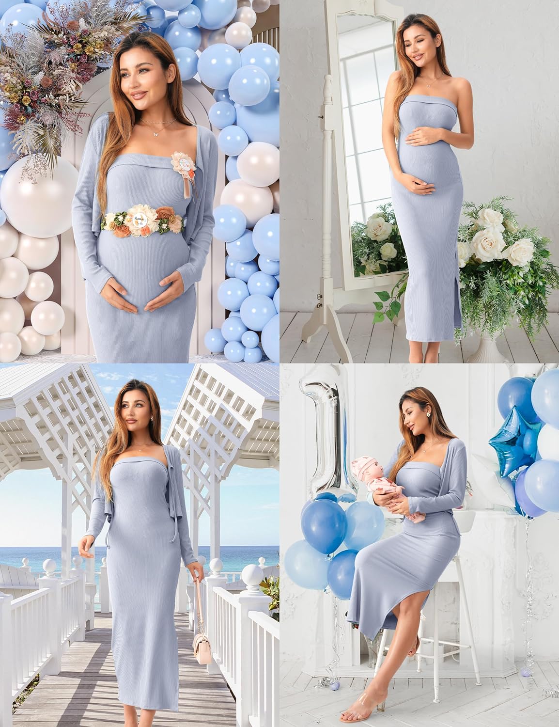 SUNNYBUY Baby Shower Maternity Tube Dress Short Cardigan Bodycon Ribbed Maxi Dress Casual 2 Piece Pregnancy Outfit Set - Image 3