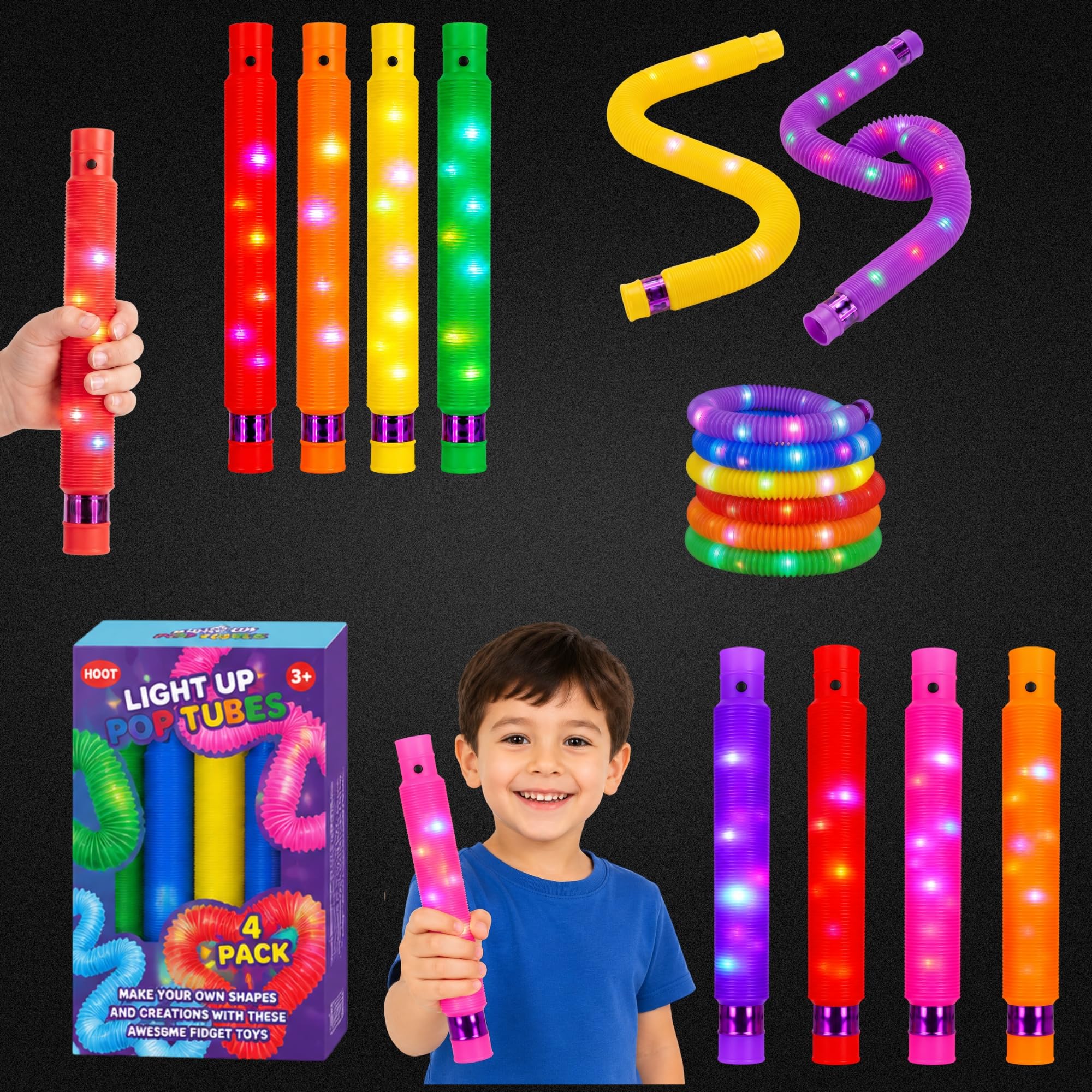 SRV Hub Lightup Pop Tubes 8PCs Random Colour - 63cm Fully Stretched LED Pop Tubes with Multi Flashing Modes, Fidget Toys for Kids, Stress & Anxiety Relief, Toddler Sensory Toys 3+ years