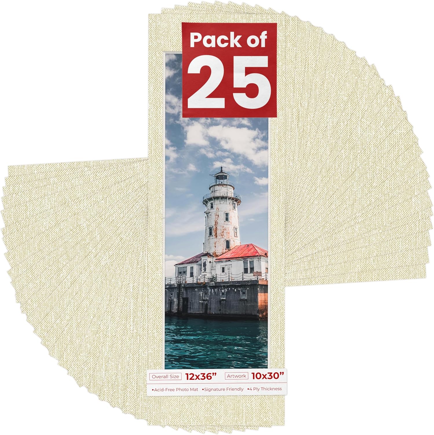 Poster Palooza Pack of 25 Acid Free 12x36 Mats Bevel Cut for 10x30 Photos - Fresh Linen Canvas Precut Matboards For Pictures, Photos, Framing - 4-ply Thickness