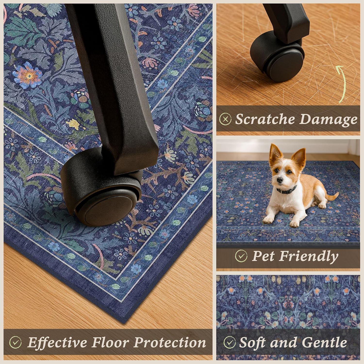 36"x48" Boho Dark Blue Office Desk Chair Mat for Hardwood Floor, Under Desk Rug with Non-Slip Rubber Backing, Small Computer Chair Rug for Heavy Duty Office Chair, Machine Washable (3x4 Navy Blue)