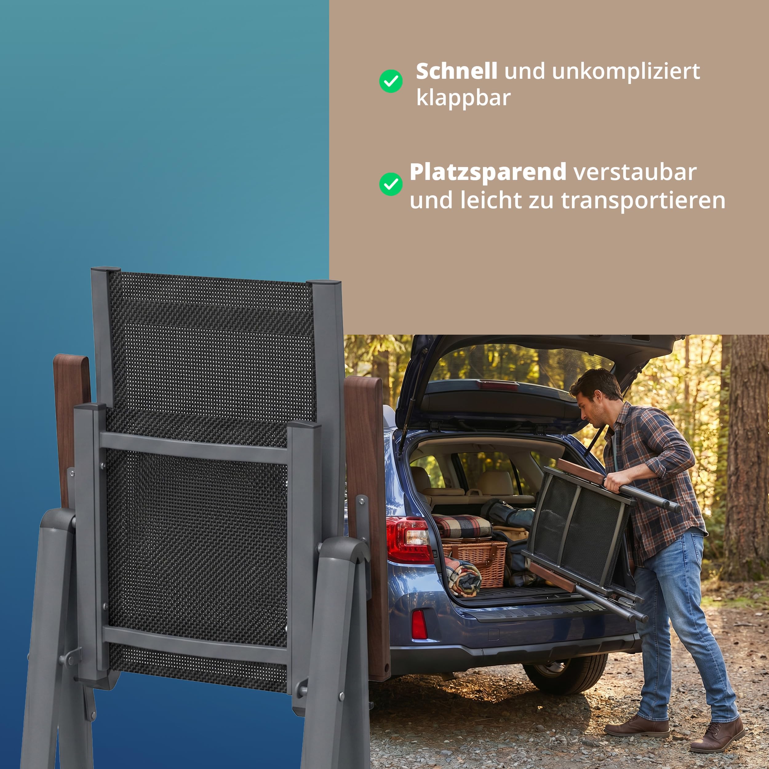 KHG Gartenstuhl klappbar Aluminium anthrazit mit Eukalyptusholz Armlehnen | verstellbare Rückenlehne, Sitzfläche und Lähne au Textilgewebe, wetterfest, für Zuhause, leicht & stabil, für den Alltag