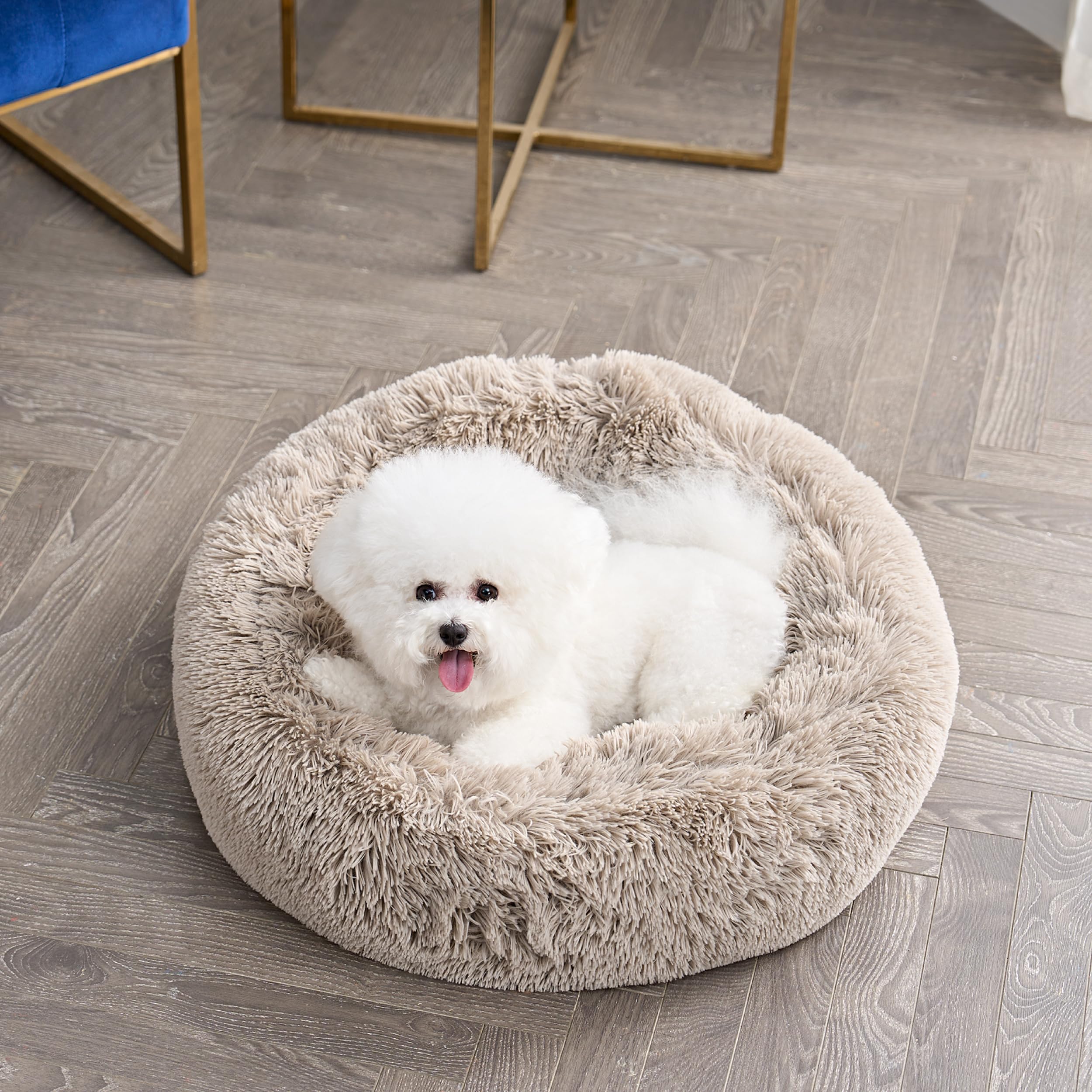 Juicy Couture Devon Faux Fur Large Taupe Round Pet Bed for Dogs and Cats