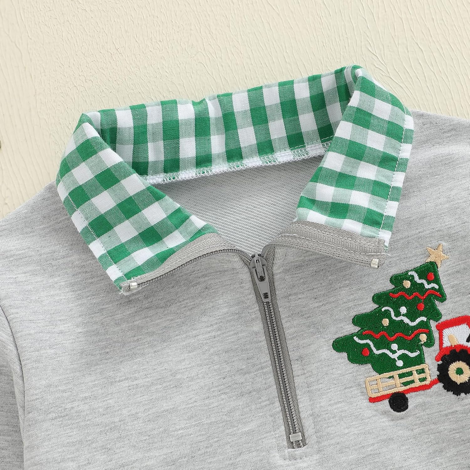 Toddler Boys Christmas Clothes Long Sleeve Santa/Christmas Tree Embroidery Sweatshirt Plaid Collared Zipper Shirt