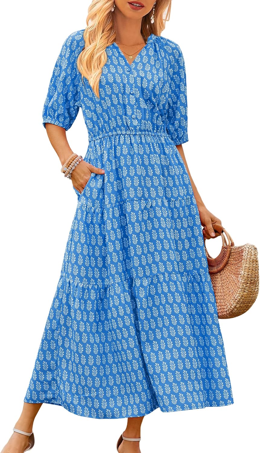 CCTOO Womens Floral Maxi Dress: Casual Short Sleeve V Neck Button Elastic Waist Slit A Line Tiered Dresses with Pockets CCTOO Womens Floral Maxi Dress: Casual Short Sleeve V Neck Button Elastic Waist Slit A Line Tiered Dresses with Pockets