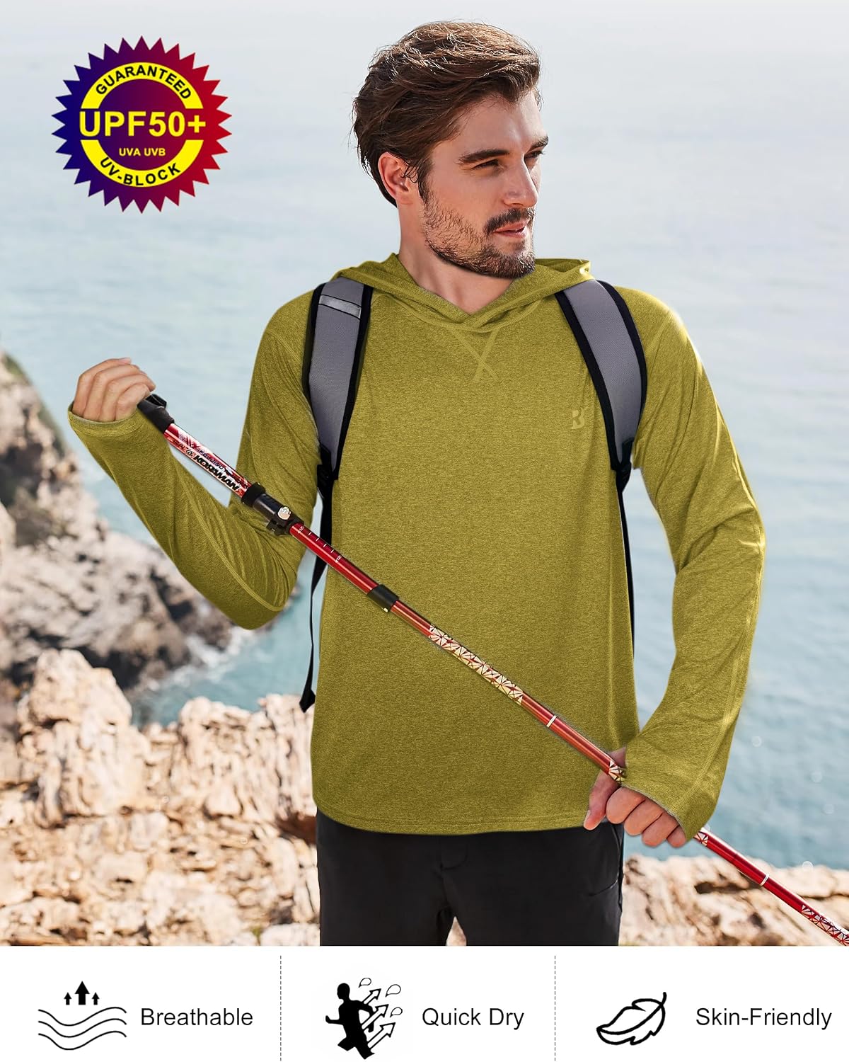 Roadbox Mens UPF 50+ Fishing Shirts, Long Sleeve UV Sun Hoodie, Hiking Running Swim Athletic Workout Shirt thumbnail
