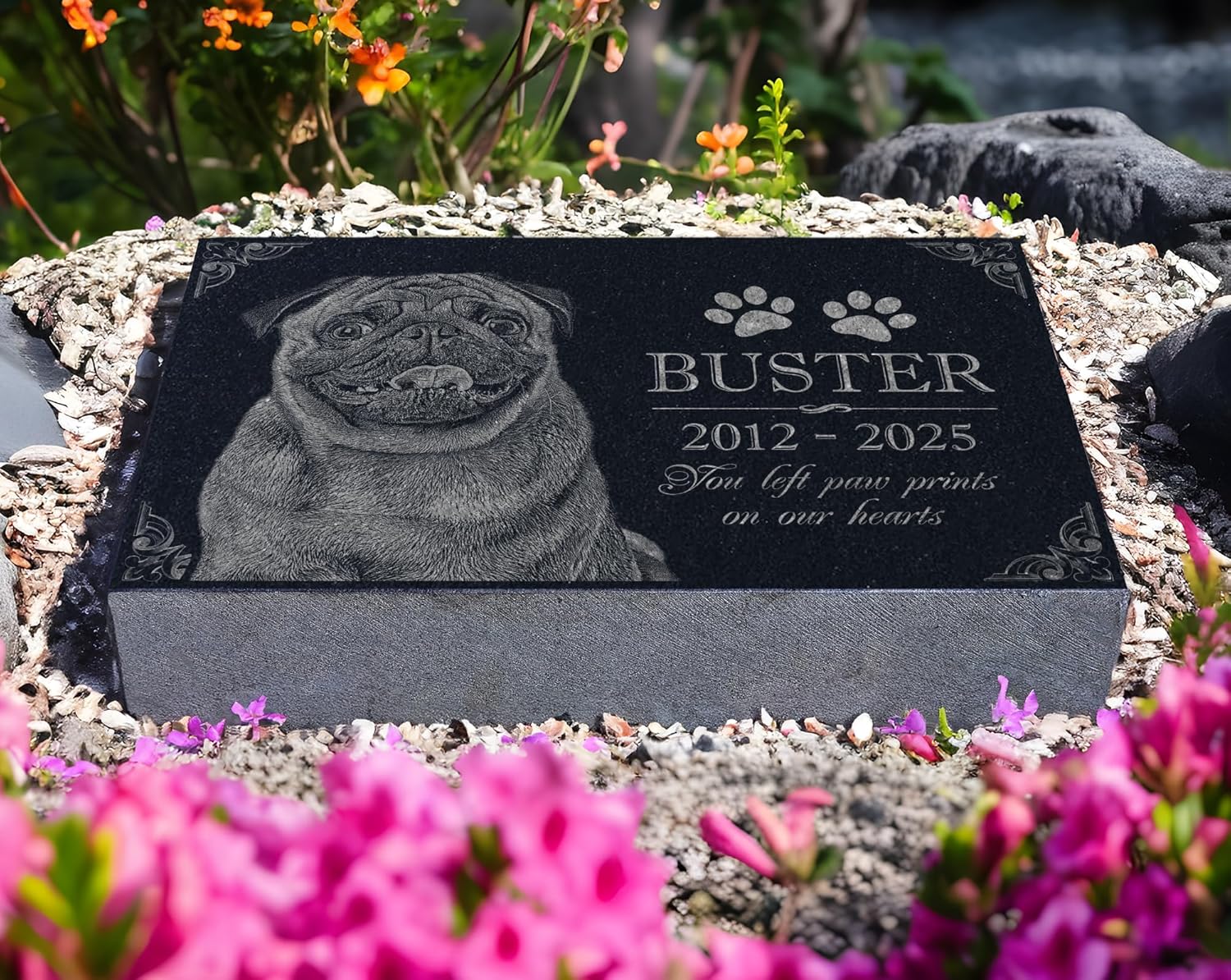 Custom Granite Pet Memorial Stone w/Engraved Photo | Personalized Headstone Grave Marker Plaque | Dog Memorial Tribute Tombstone Monument