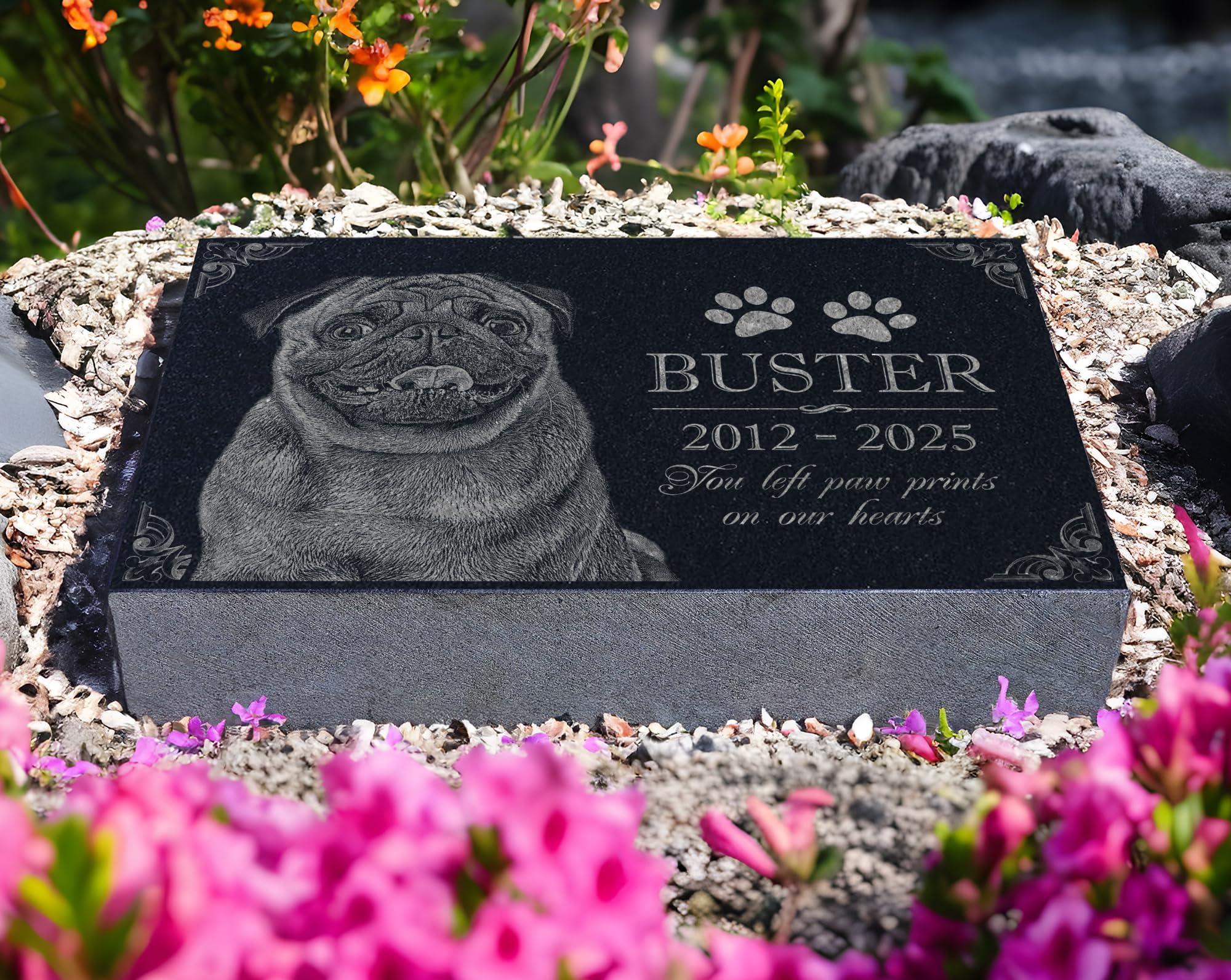 Custom Granite Pet Memorial Stone w/Engraved Photo | Personalized Headstone Grave Marker Plaque | Dog Memorial Tribute Tombstone Monument