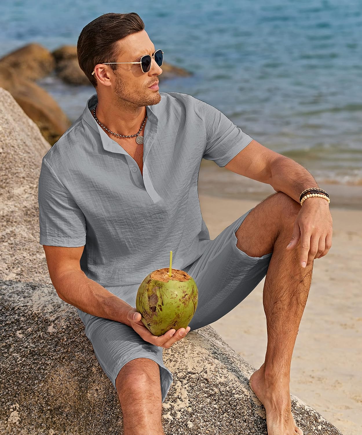 COOFANDY Men's 2 Pieces Linen Set Casual Henley Shirts Short Sleeve Beach Yoga Shorts Summer Pants Outfits