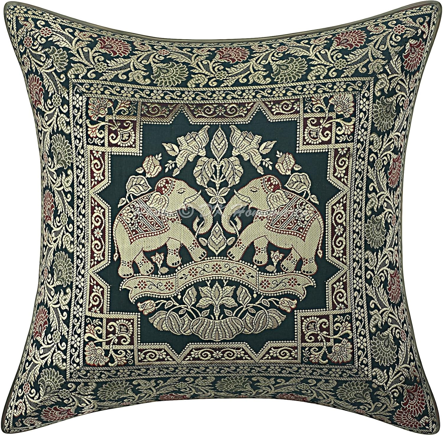 Ethnic Throw Pillowcases 16x16 Inch Brocade Jacquard Weave Decorative Square Elephant Cushion Covers (Size - 40x40 cm ; Color: Dark Green & Gold) - Set of 5 Pcs (Cover Only)