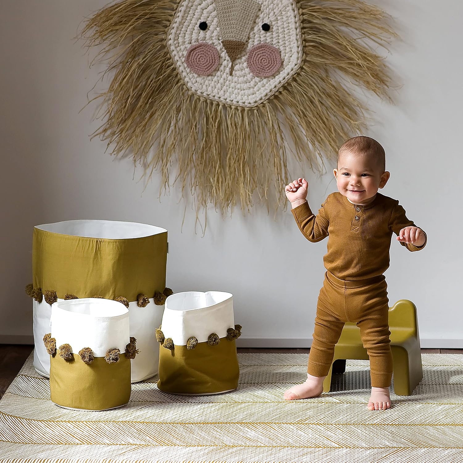 Organic Cotton Nursery Storage Bins with Pom Pom Accents | Large (15 x 16") | Ideal for Baby Registry | Stylish and Versatile Fabric Baskets for Toys, Diapers, and More, Sand Castle (Ochre)