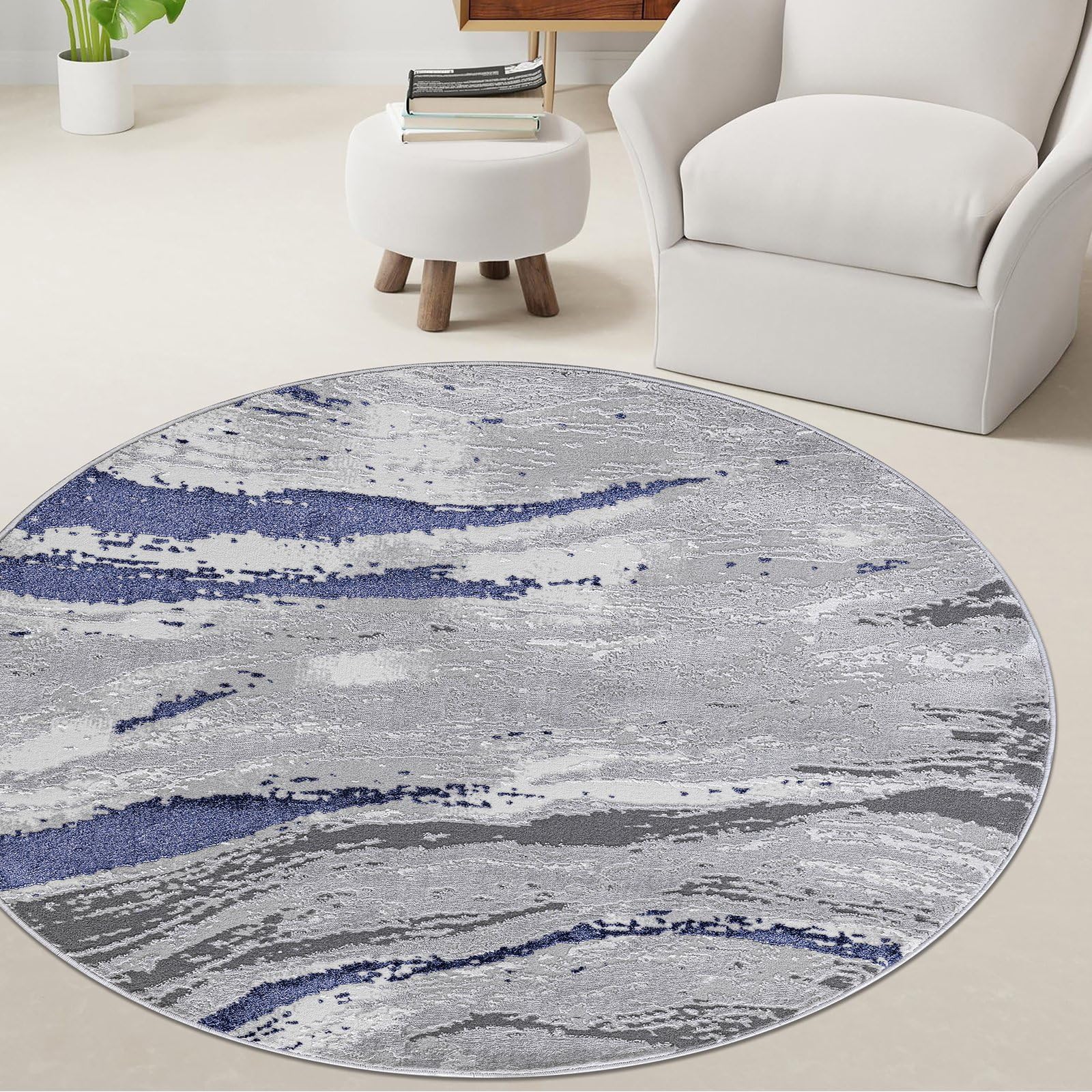 renoazul® Medium Pile Circular Rugs 120cm - Jeze Abstract Blue Rug - Washable Round Jute Rugs For Bedroom, Fireside, Under Chair and Sofa Side — image 1