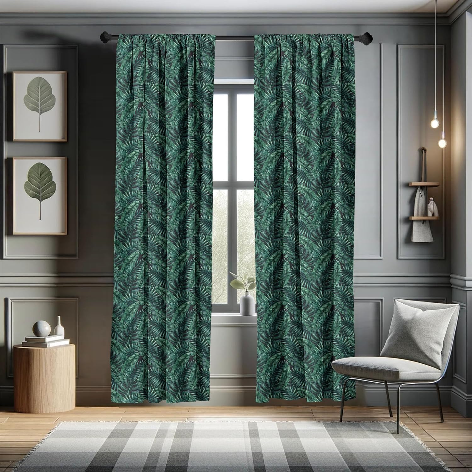 Ambesonne Palm Leaf Curtains, Watercolor Tropical Jungle Leaves Pattern Fresh Rainforest Hawaii Summer, Window Treatments 2 Panel Set for Living Room Bedroom, Pair of - 28" x 63", Charcoal Green
