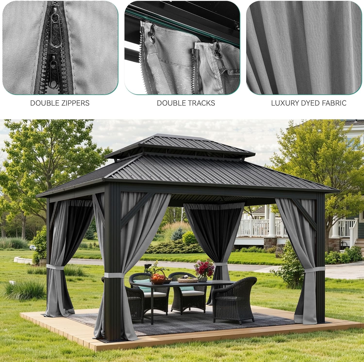 YITAHOME 12x14ft Hardtop Gazebo with Nettings and Curtains, Heavy Duty Double Roof Galvanized Steel Outdoor Double Roof for Patio, Backyard, Deck, Lawns, Gray