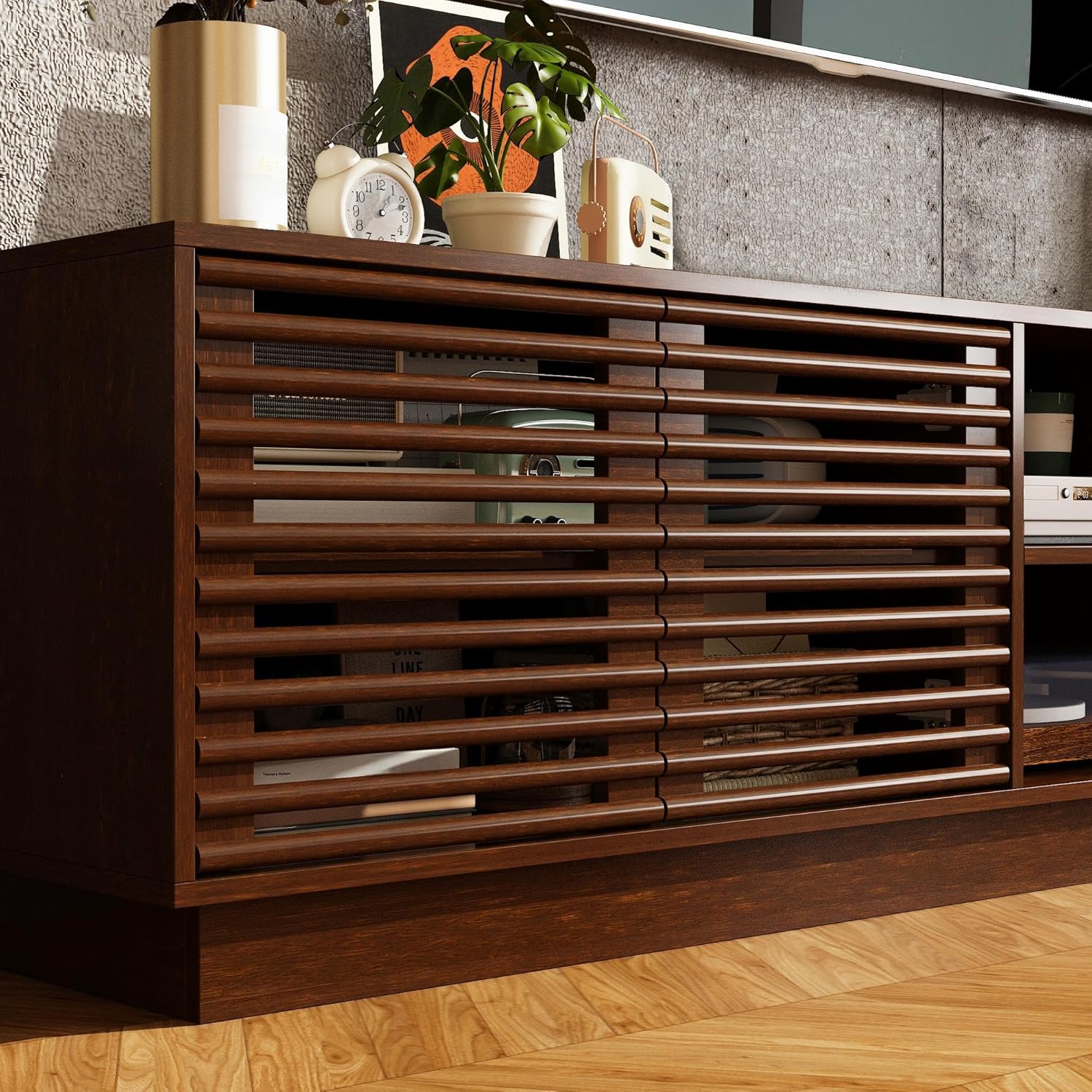 78.7 Inch TV Stand for TVs Up to 85", Mid Century Modern Entertainment Center with Shutter Doors, 6 Shelves and Cable Holes, Long Media Console for Living Room