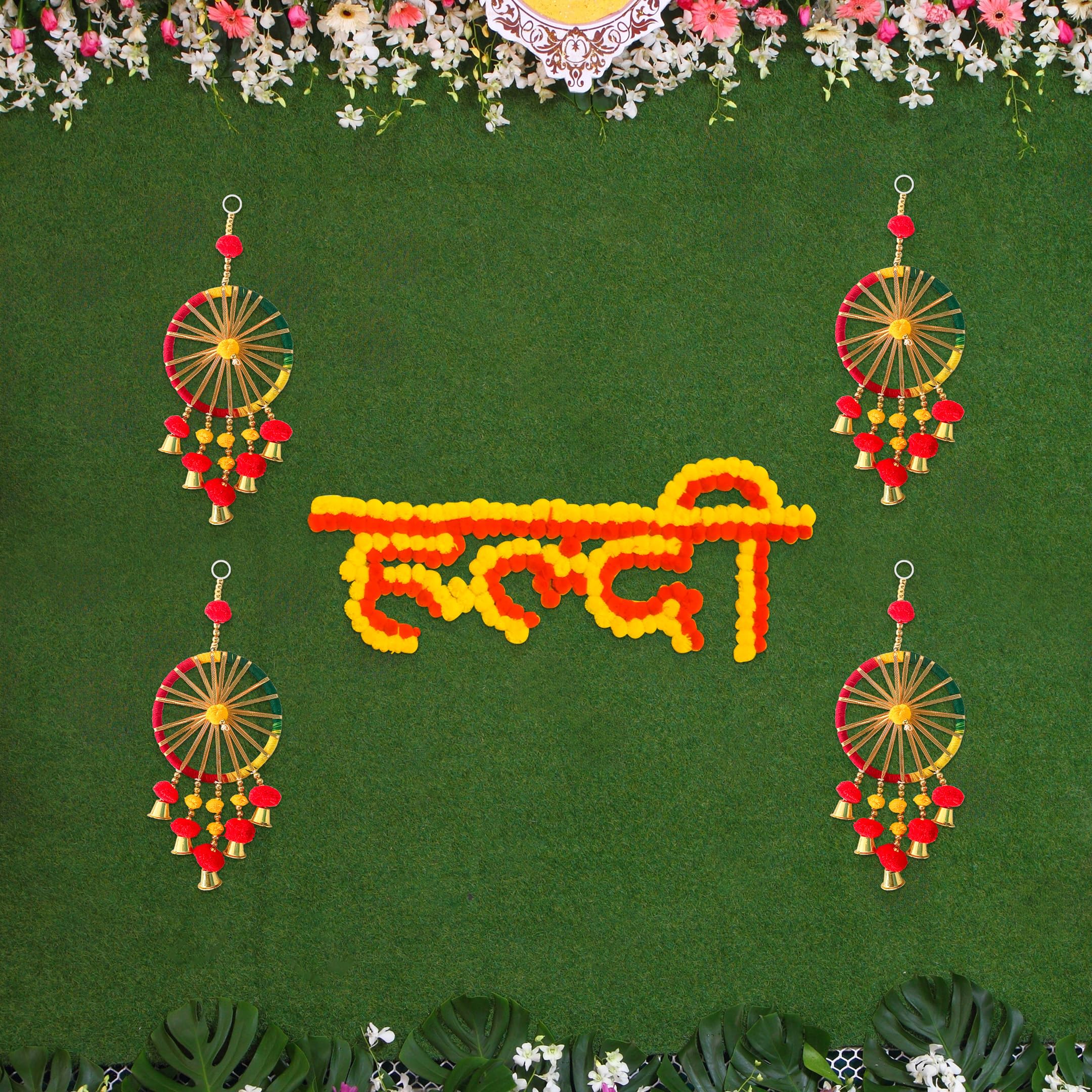 Special You Haldi Decoration items for Marriage includes Haldi Banner and Chakra Latkans for haldi function backdrop decoration set - 5 Items