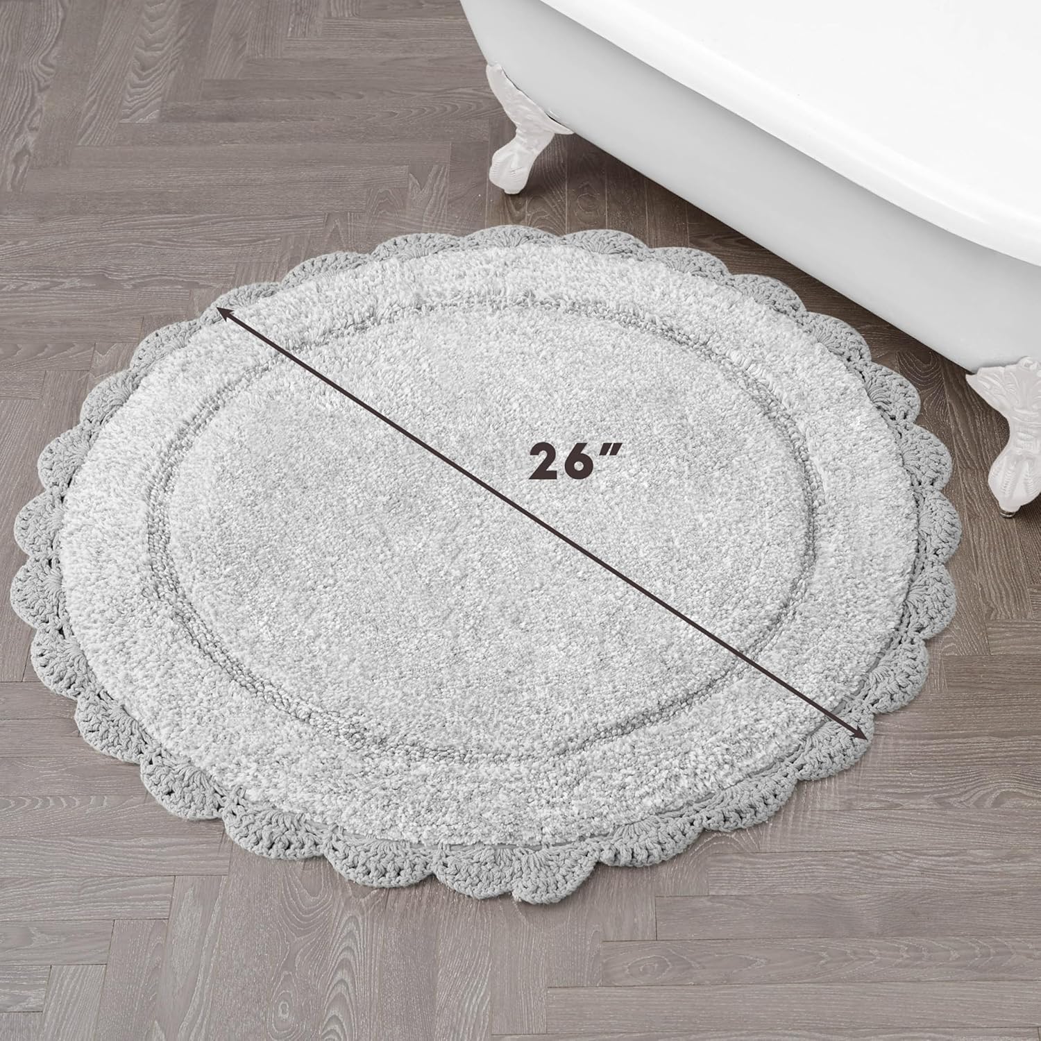 Laura Ashley Eloise 100% Cotton Round Bath Mat with Crochet Border, Soft & Absorbent, Glacier Grey 26" Bathroom Rug