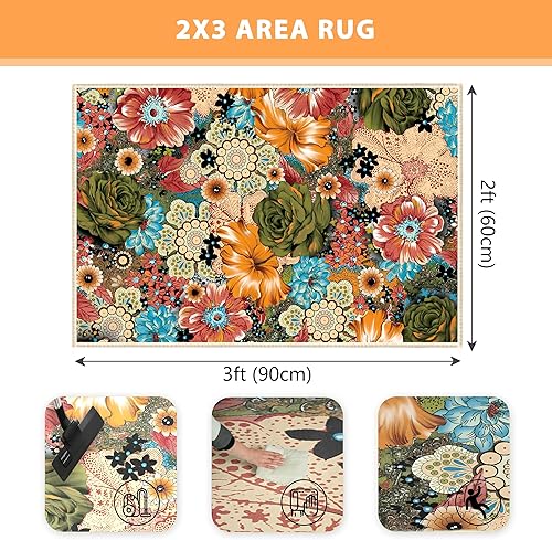 Miniatura 2 de keensoft Alfombra de área floral colorida de 2 x 3 pies, tapete retro de flores bohemias, antideslizantes, lavables a máquina, alfombras pequeñas,