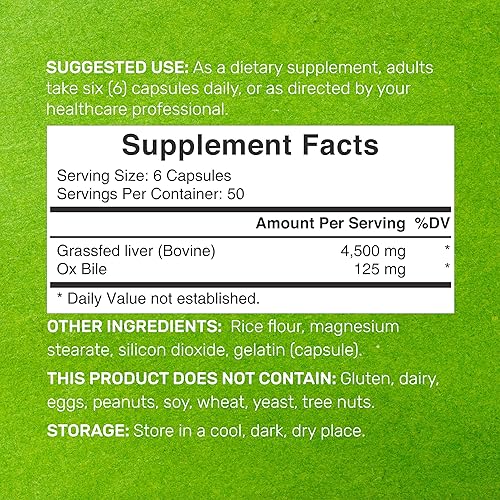 Miniatura 2 de DEAL SUPPLEMENT Suplemento de hígado de res con bilis de buey 4,500 mg por porción, 300 cápsulas - Bovino alimentado con pasto - Sales biliares