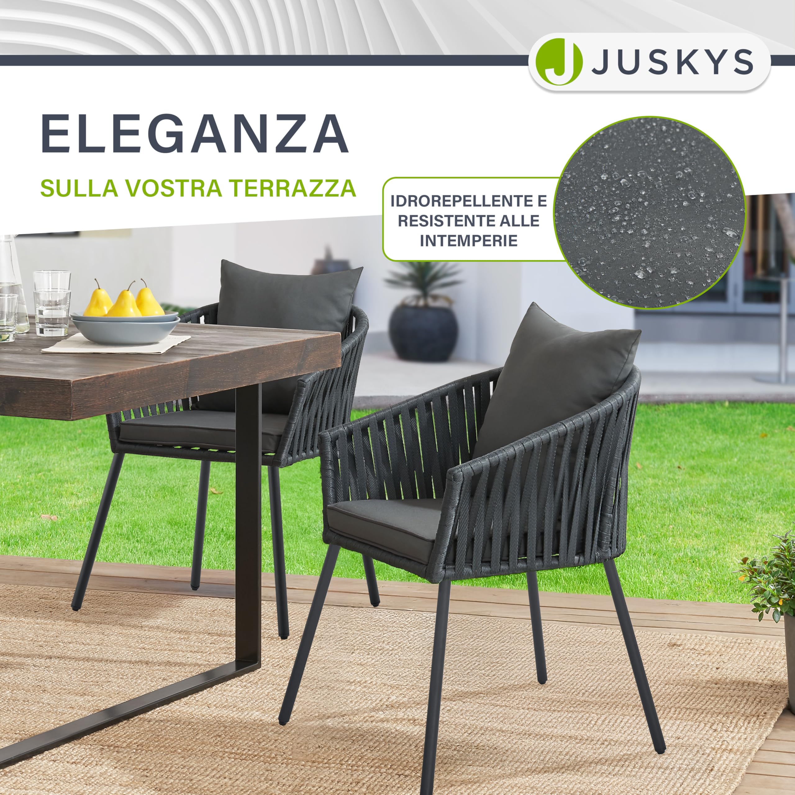 Juskys Sedie da giardino Rope set 2 pezzi – Resistenti alle intemperie – con cuscini per seduta e schienale in poliestere – Grigio scuro