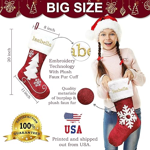 Miniatura 3 de Medias de Navidad personalizadas (20 pulgadas) bordados personalizados con nombre de vellón y lino arpillera roja rústica para chimenea, adorno